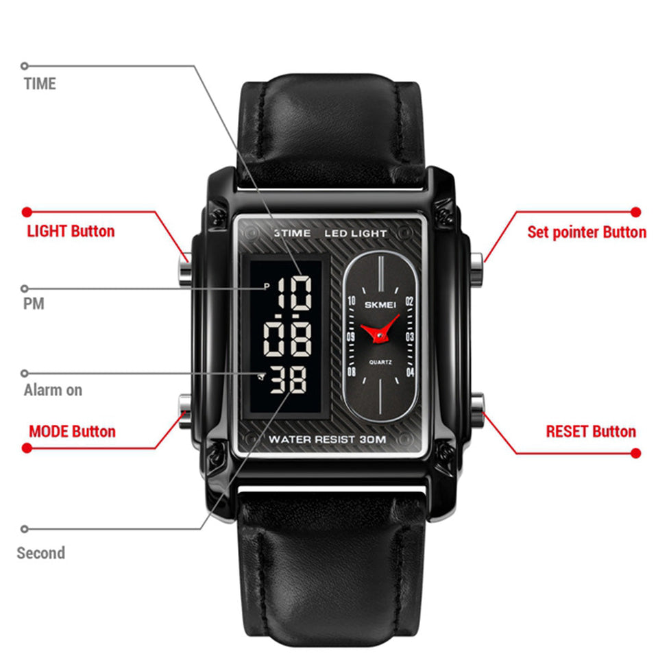 SKMEI 1868 Leather Straps Analog & Digital Wrist Watch